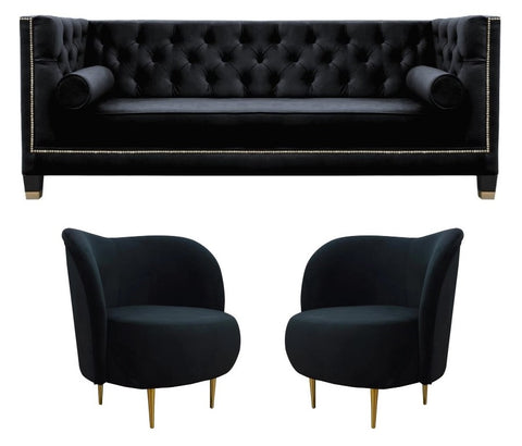 Caspian - Elegant Black 3-Seater Chesterfield Sofa Set