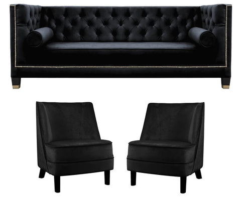 Eowyn - Elegant Black 3-Seater Chesterfield Sofa Set