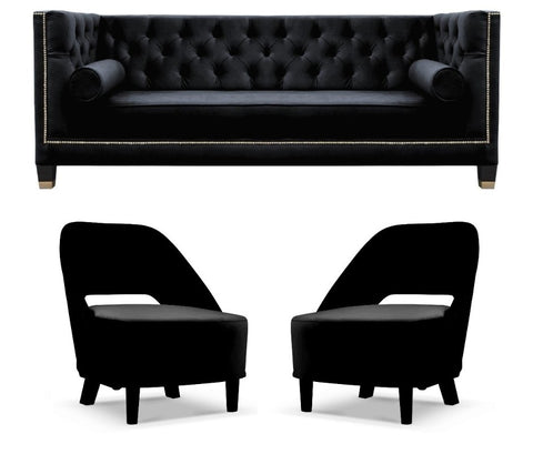 Salvador - Elegant Black 3-Seater Chesterfield Sofa Set