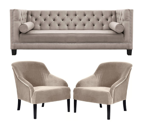 Downey - Elegant 3 Seater Chesterfield Velvet Chair Sofa Set - Beige/Mink-Sofa Set-Belle Fierté