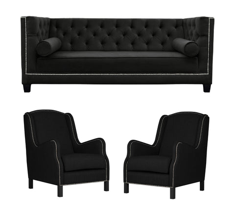 Arwen -Elegant 3 Seater Chesterfield Velvet Chair Sofa Set - Black-Sofa Set-Belle Fierté