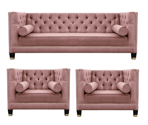 Casper - Contemporary Chesterfield Velvet Armchair Sofa Set - Pink-Sofa Set-Belle Fierté