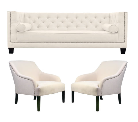 Salvador III - Elegant 3 Seater Chesterfield Velvet Chair Sofa Set - Cream/Ivory-Sofa Set-Belle Fierté
