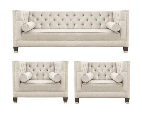 Casper - Contemporary Chesterfield Velvet Armchair Sofa Set - Beige-Sofa Set-Belle Fierté