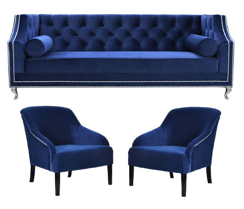 Downey - Elegant 3 Seater Chesterfield Velvet Chair Sofa Set - Navy Blue-Sofa Set-Belle Fierté