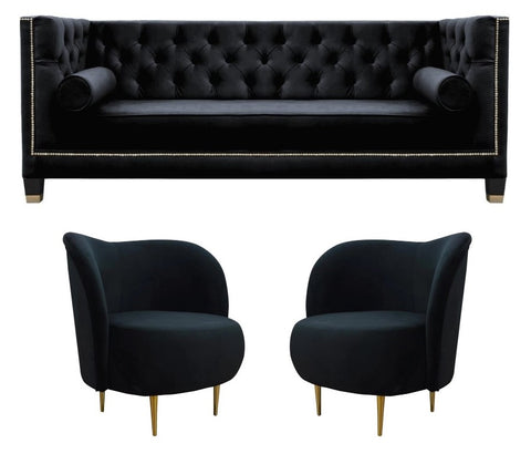 <transcy>Salvador IV - Elegantes 3-Sitzer Chesterfield Samtstuhl Sofa Set - Navy/Grün</transcy>