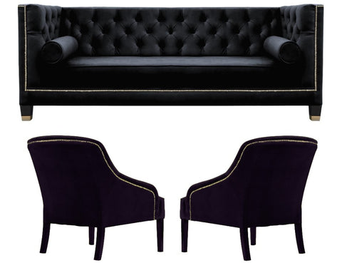 <transcy>Dobby - Elegantes 3-Sitzer Chesterfield Velvet Chair Sofa Set - Schwarz/Weiß</transcy>