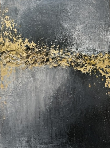 Gold Leaf Textured Wall Art, Black Abstract Painting on Canvas