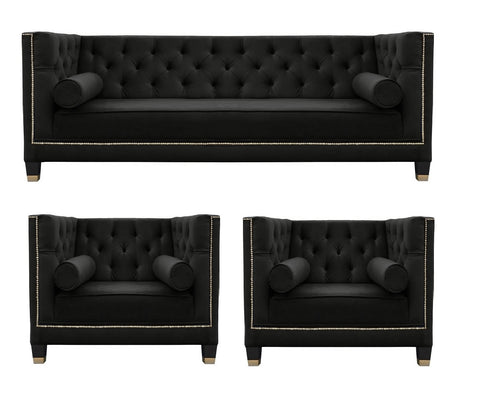Casper - Contemporary Chesterfield Velvet Armchair Sofa Set - Black-Sofa Set-Belle Fierté