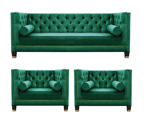 Casper - Contemporary Chesterfield Velvet Armchair Sofa Set - Green-Sofa Set-Belle Fierté