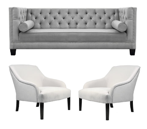 Alastar - Elegant 3 Seater Chesterfield Velvet Chair Sofa Set - Grey/White-Sofa Set-Belle Fierté