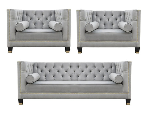 Casper - Contemporary Chesterfield Velvet Armchair Sofa Set - Grey-Sofa Set-Belle Fierté