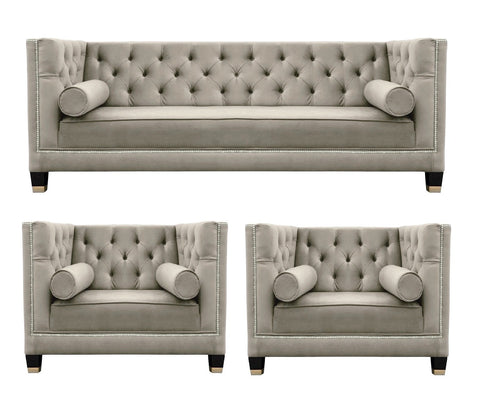Casper - Contemporary Chesterfield Velvet Armchair Sofa Set - Taupe-Sofa Set-Belle Fierté