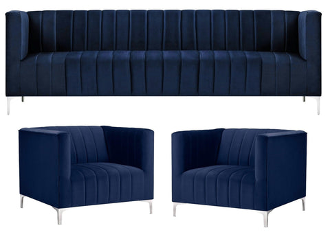 Felicia - Contemporary Velvet Sofa Set - Navy Blue-Sofa Set-Belle Fierté