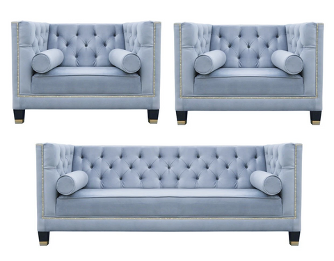 Casper - Contemporary Chesterfield Velvet Armchair Sofa Set - Blue-Sofa Set-Belle Fierté