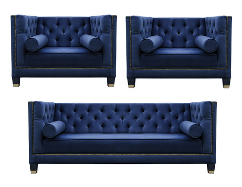 Casper - Contemporary Chesterfield Velvet Armchair Sofa Set - Navy Blue-Sofa Set-Belle Fierté